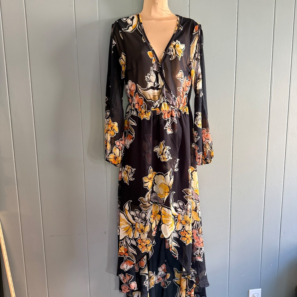 Ark & Co Floral Chiffon High Low Maxi Dress M Black Ethereal Dark Fairy Goth